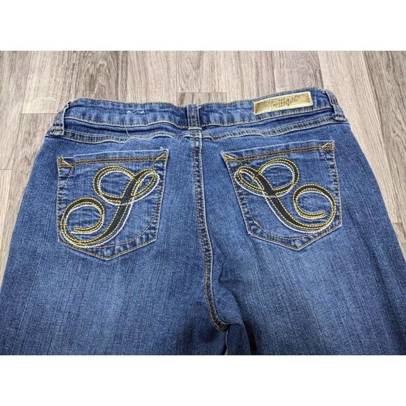 Southpole Juniors Size 7 Distressed Embroidered Pockets Bootcut Denim Blue Jeans - Picture 3 of 11